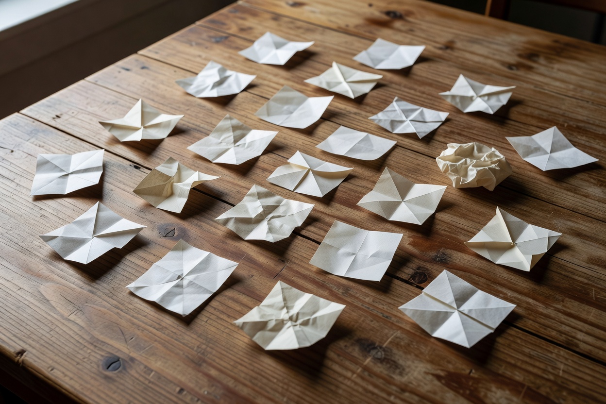 Folded paper prompt slips spread across a wooden table
