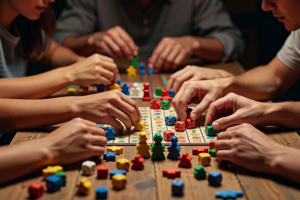 Friends' hands arranging game pieces on a table