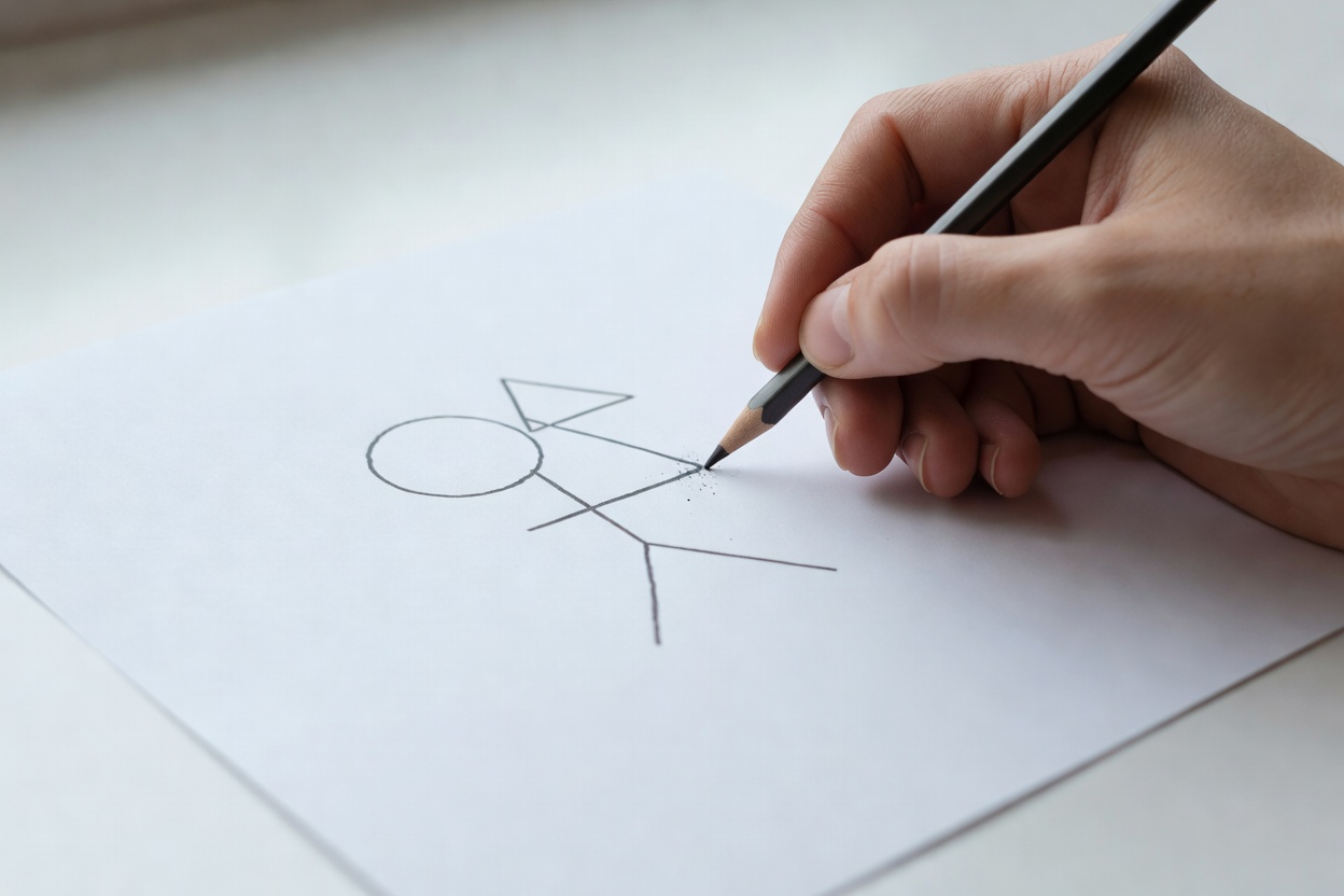 Hand drawing a simple guessing prompt on white paper